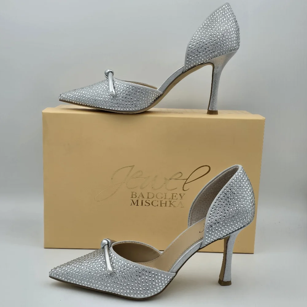 NIB Jewel Badgley Terresa D'Orsay Stiletto Pumps, Silver Textile, Women's Size 7 - Picture 6 of 16